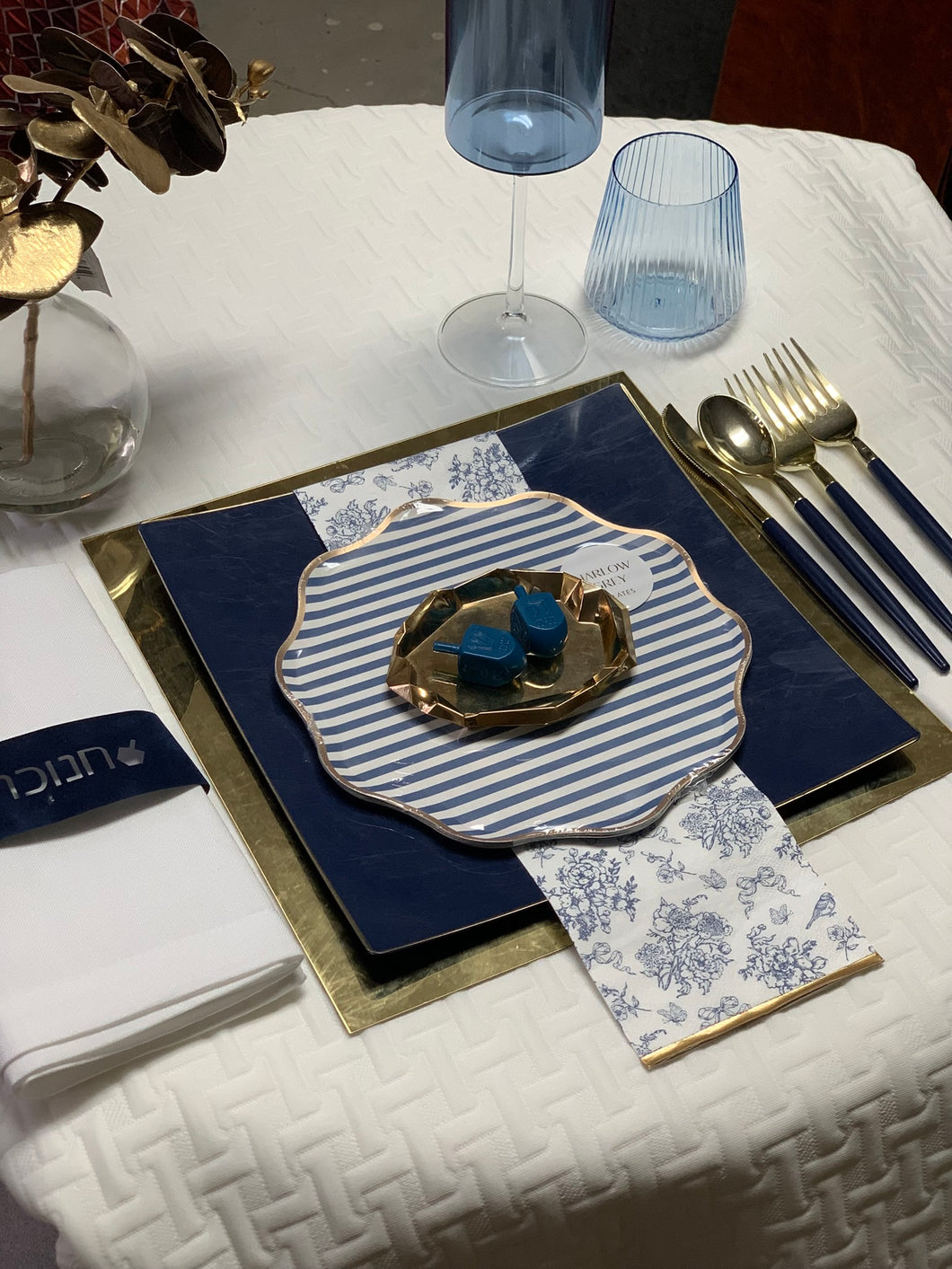 Chanuka navy white and gold service for 10