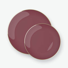 Load image into Gallery viewer, Round Cranberry • Gold Plastic Plates | 10 Pack - Luxe Party NYC
