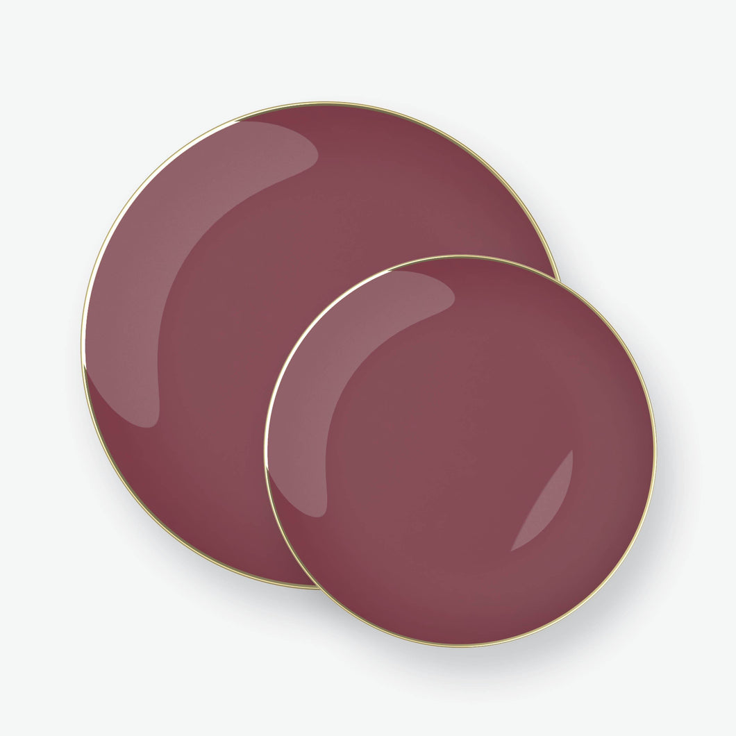 Round Cranberry • Gold Plastic Plates | 10 Pack - Luxe Party NYC