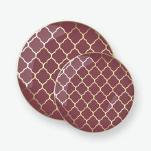 Load image into Gallery viewer, Round Cranberry • Gold Pattern Plastic Plates | 10 Pack - Luxe Party NYC
