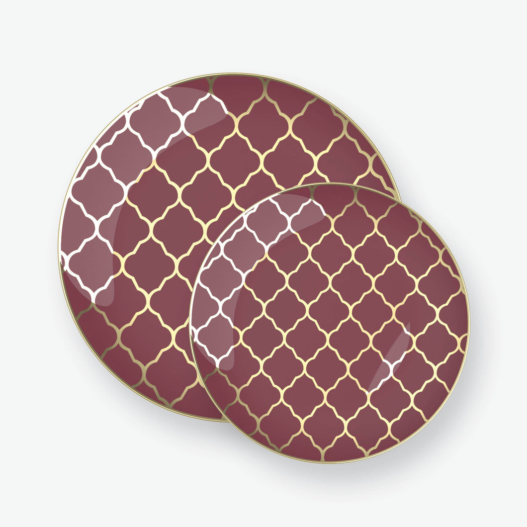Round Cranberry • Gold Pattern Plastic Plates | 10 Pack - Luxe Party NYC
