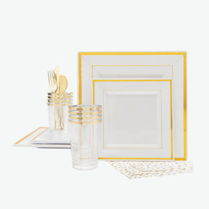 56 Pc | Classic Square White • Gold Plastic Party Set - Luxe Party NYC