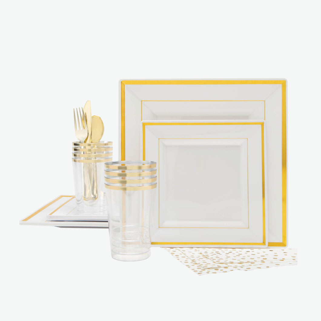 56 Pc | Classic Square White • Gold Plastic Party Set - Luxe Party NYC