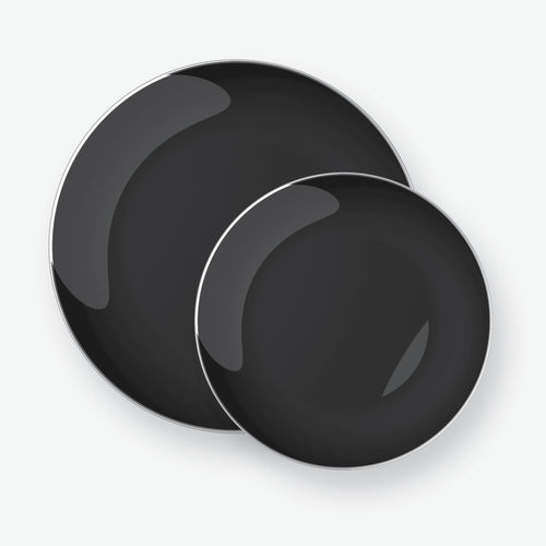 Black • Silver Round Plastic Plates | 10 Pack - Luxe Party NYC