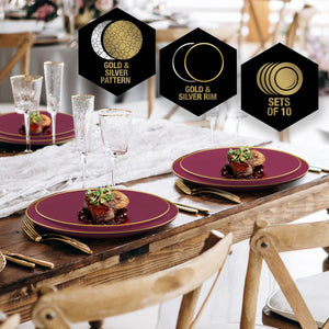 Round Cranberry • Gold Plastic Plates | 10 Pack - Luxe Party NYC