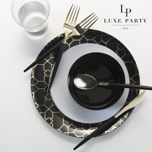 Round Black • Gold Pattern Plastic Plates | 10 Pack - Luxe Party NYC