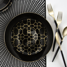 Load image into Gallery viewer, Round Black • Gold Pattern Plastic Plates | 10 Pack - Luxe Party NYC