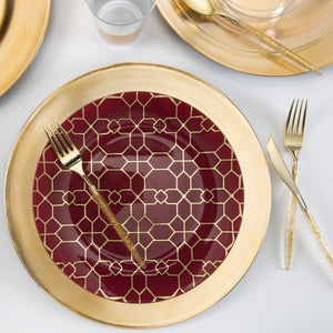 Round Cranberry • Gold Pattern Plastic Plates | 10 Pack - Luxe Party NYC