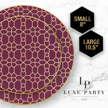 Load image into Gallery viewer, Round Cranberry • Gold Pattern Plastic Plates | 10 Pack - Luxe Party NYC