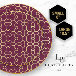 Round Cranberry • Gold Pattern Plastic Plates | 10 Pack - Luxe Party NYC