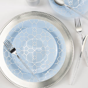 Round Ice Blue • Silver Pattern Plastic Plates | 10 Pack - Luxe Party NYC