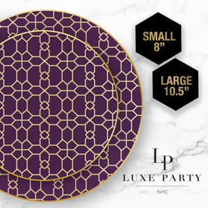 Round Purple • Gold Pattern Plastic Plates | 10 Pack - Luxe Party NYC