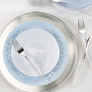 Round Ice Blue • Silver Pattern Plastic Plates | 10 Pack - Luxe Party NYC