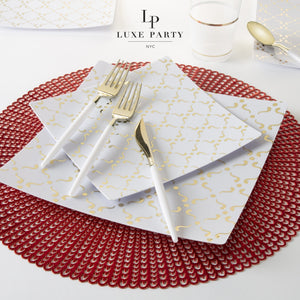 Square White • Gold Pattern Plastic Plates | 10 Plates - Luxe Party NYC