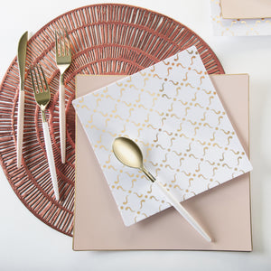 Square White • Gold Pattern Plastic Plates | 10 Plates - Luxe Party NYC
