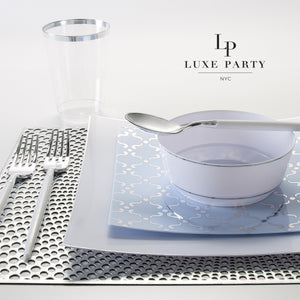 Square Ice Blue • Silver Pattern Plastic Plates | 10 Plates - Luxe Party NYC
