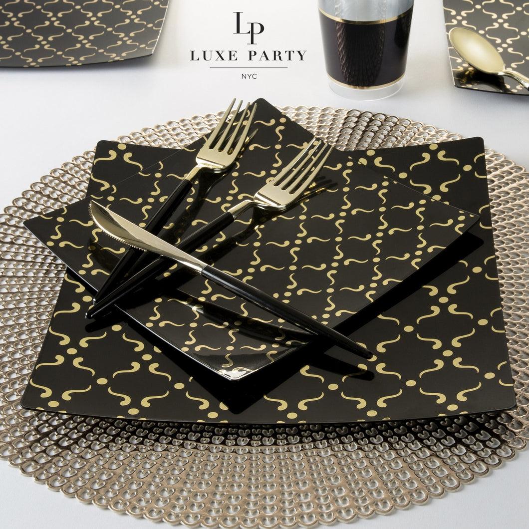 Square Black • Gold Pattern Plastic Plates | 10 Plates - Luxe Party NYC