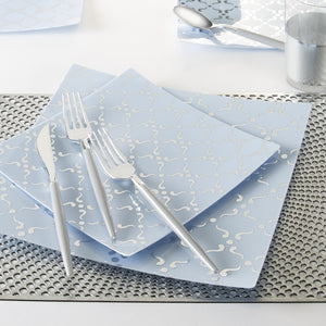 Square Ice Blue • Silver Pattern Plastic Plates | 10 Plates - Luxe Party NYC
