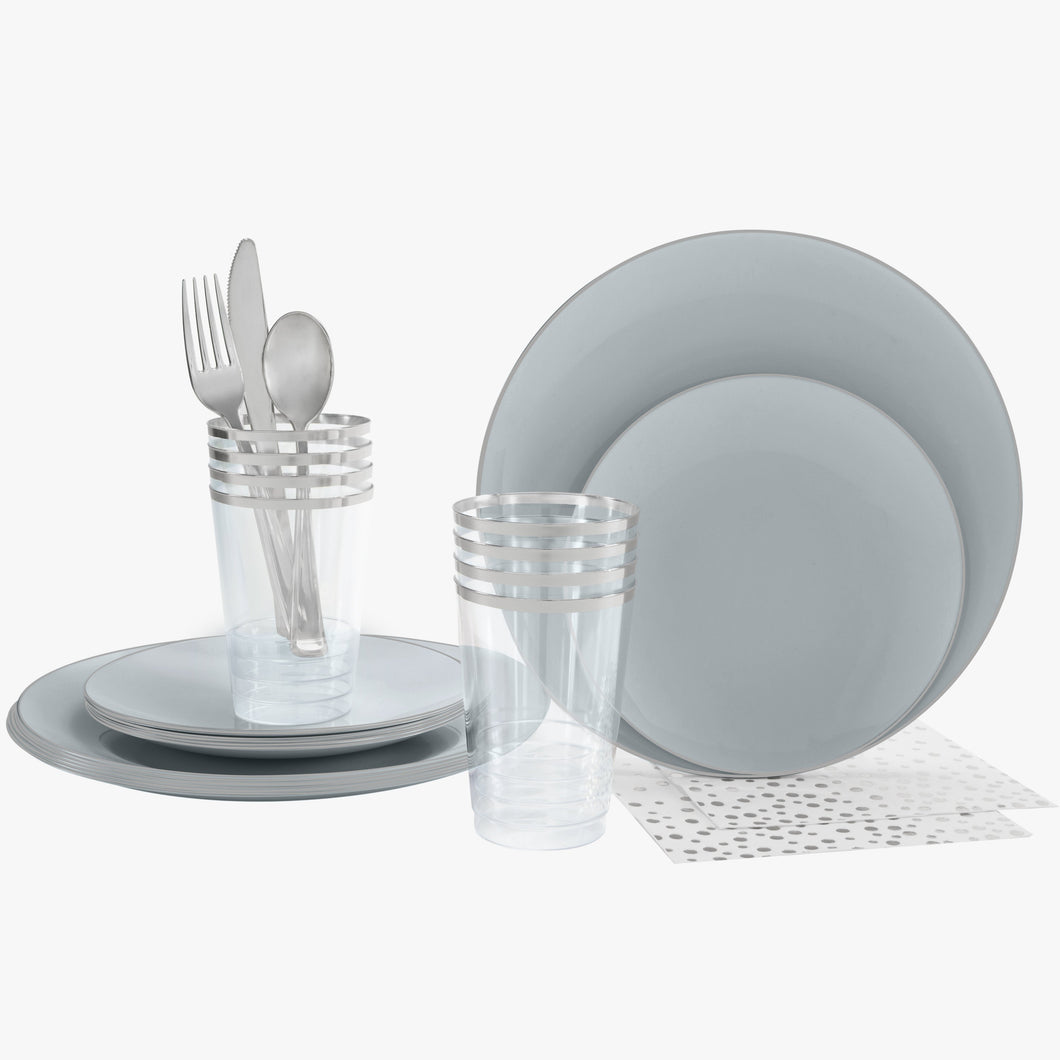 56 Pc | Round Coupe Grey • Silver Plastic Party Set - Luxe Party NYC