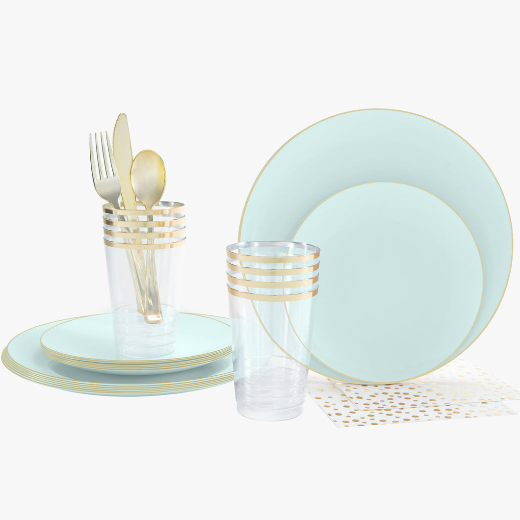 56 Pc | Round Coupe Mint • Gold Plastic Party Set - Luxe Party NYC