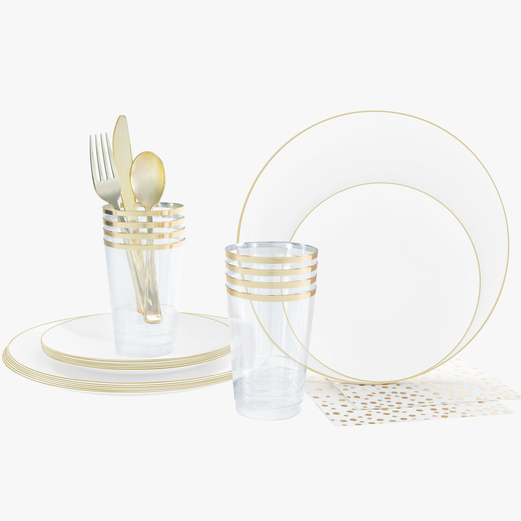 56 Pc | Round Coupe White • Gold Plastic Party Set