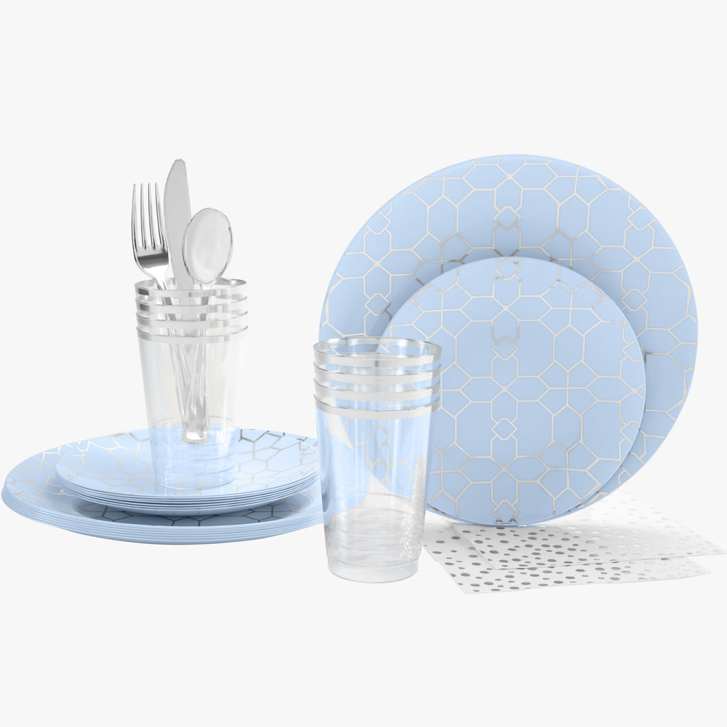 56 Pc | Round Pattern Ice Blue • Silver Plastic Party Set - Luxe Party NYC