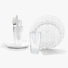 Load image into Gallery viewer, 56 Pc | Round Pattern White • Silver Plastic Party Set - Luxe Party NYC