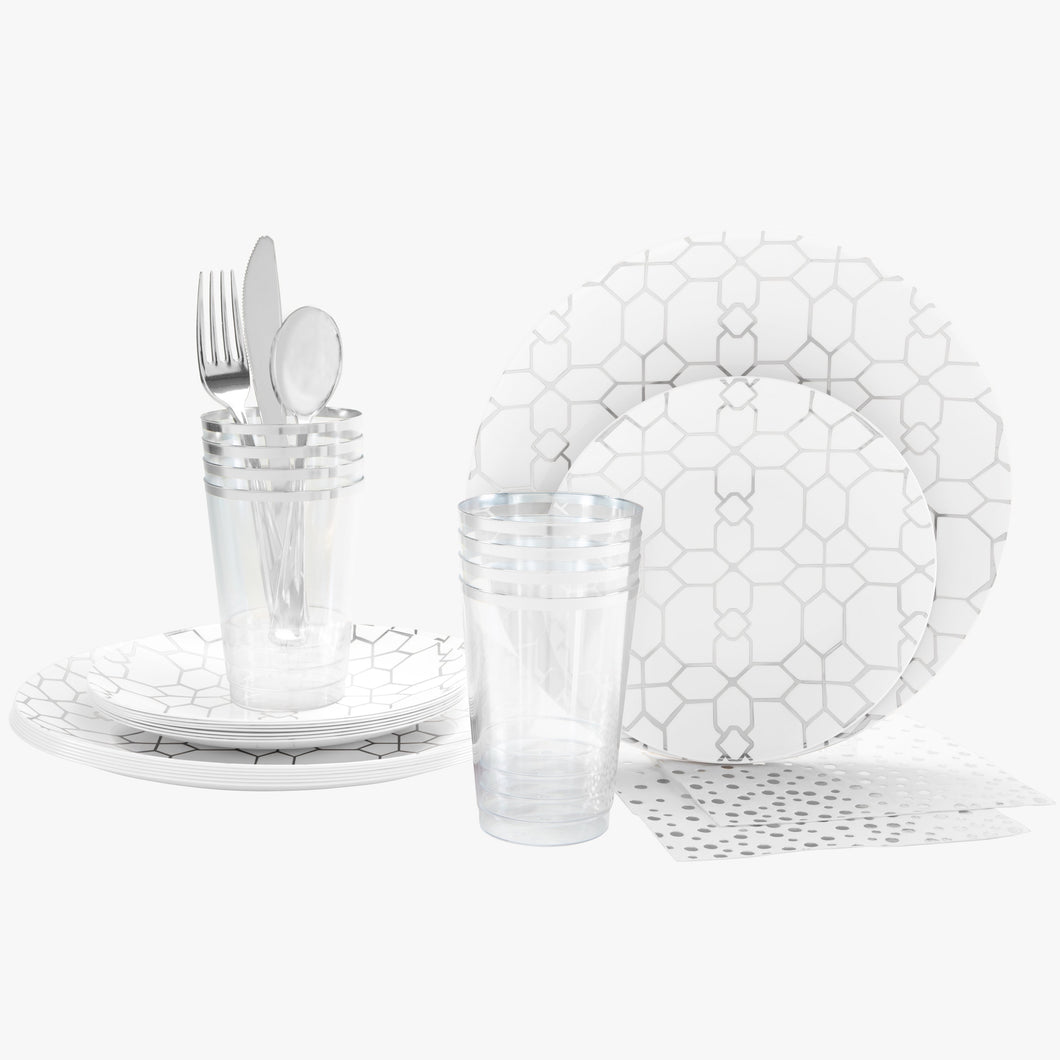 56 Pc | Round Pattern White • Silver Plastic Party Set - Luxe Party NYC