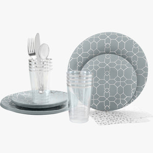 56 Pc | Round Pattern Grey • Silver Plastic Party Set - Luxe Party NYC