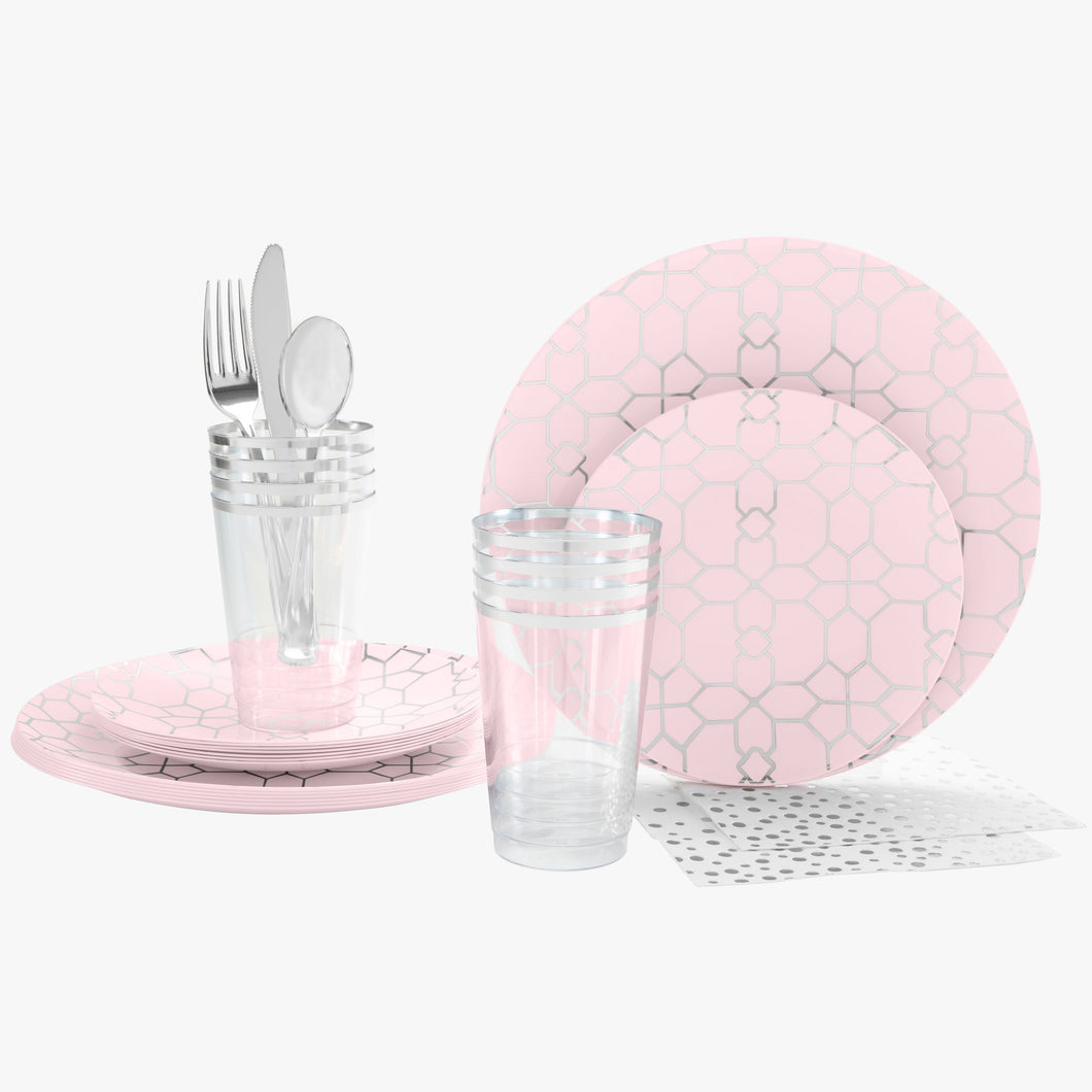 56 Pc | Round Coupe Blush • Silver Plastic Party Set - Luxe Party NYC