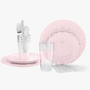 56 Pc | Round Pattern Blush • Silver Plastic Party Set - Luxe Party NYC
