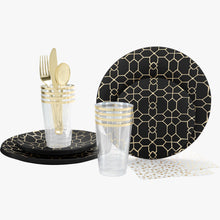 Load image into Gallery viewer, 56 Pc | Round Pattern Black • Gold Plastic Party Set - Luxe Party NYC