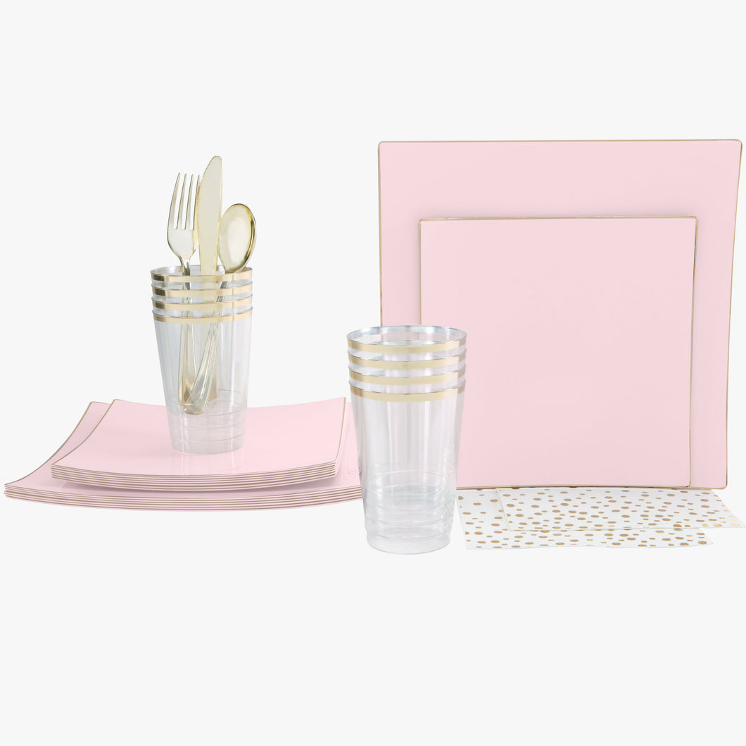 56 Pc | Square Coupe Blush • Gold Plastic Party Set - Luxe Party NYC