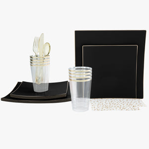56 Pc | Square Coupe Black • Gold Plastic Party Set - Luxe Party NYC