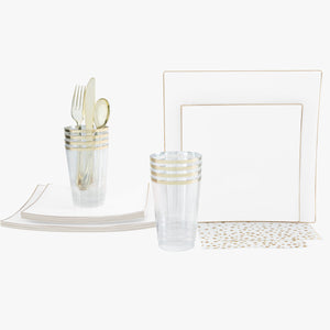 56 Pc | Square Coupe White • Gold Plastic Party Set - Luxe Party NYC