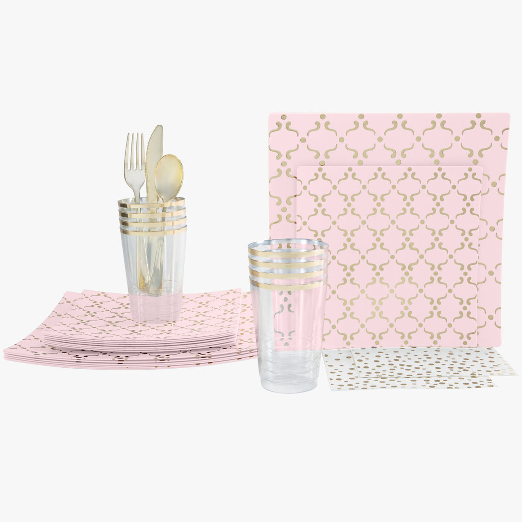 56 Pc | Square Pattern Blush • Gold Plastic Party Set - Luxe Party NYC