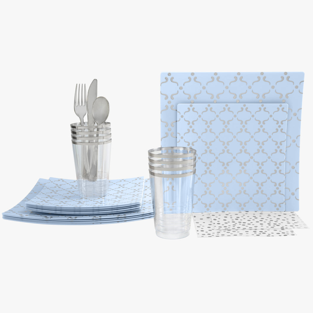 56 Pc | Square Pattern Ice Blue• Silver Plastic Party Set - Luxe Party NYC