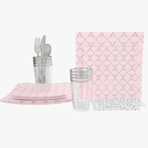 56 Pc | Square Pattern Blush • Silver Plastic Party Set - Luxe Party NYC