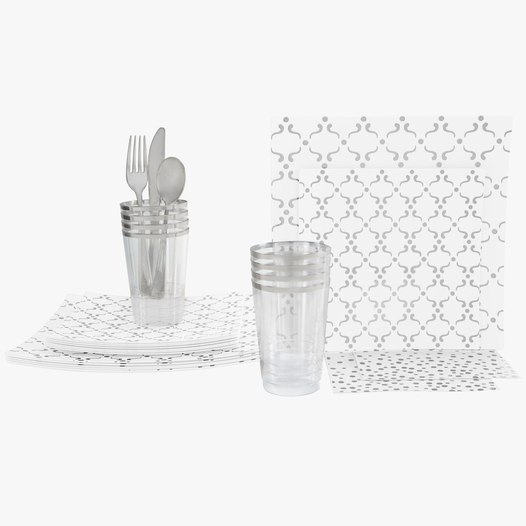 56 Pc | Square Pattern White • Silver Plastic Party Set - Luxe Party NYC