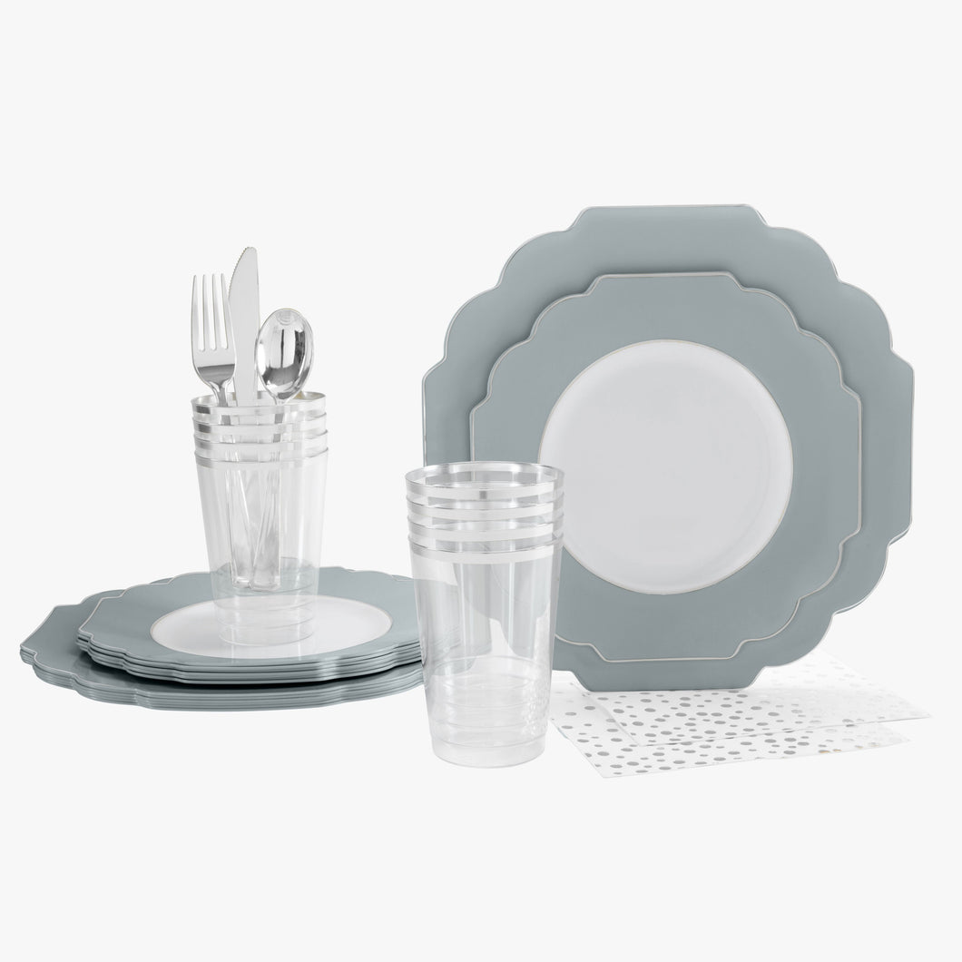56 Pc | Colored Scalloped Grey | Silver Plastic Party Set - Luxe Party NYC