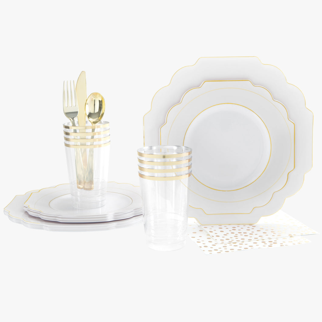 56 Pc | Solid Scallop  White • Gold Plastic Party Set - Luxe Party NYC