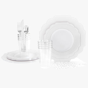 56 Pc | Solid Scallop Clear • Silver Plastic Party Set - Luxe Party NYC
