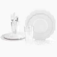 Load image into Gallery viewer, 56 Pc | Solid Scallop White • Silver Plastic Party Set - Luxe Party NYC