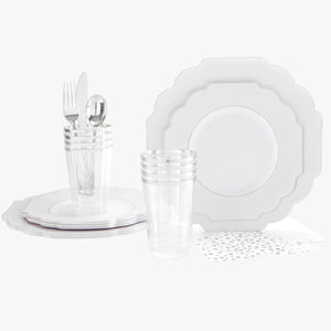 56 Pc | Solid Scallop White • Silver Plastic Party Set - Luxe Party NYC