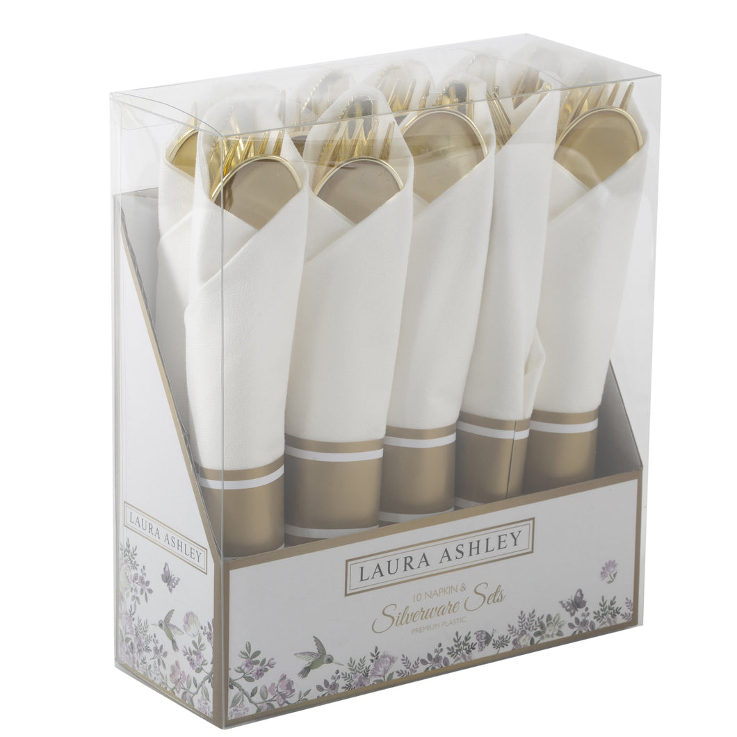 Gold Plastic Rolled Napkin Cutlery Set | 10 Rolls - Luxe Party NYC
