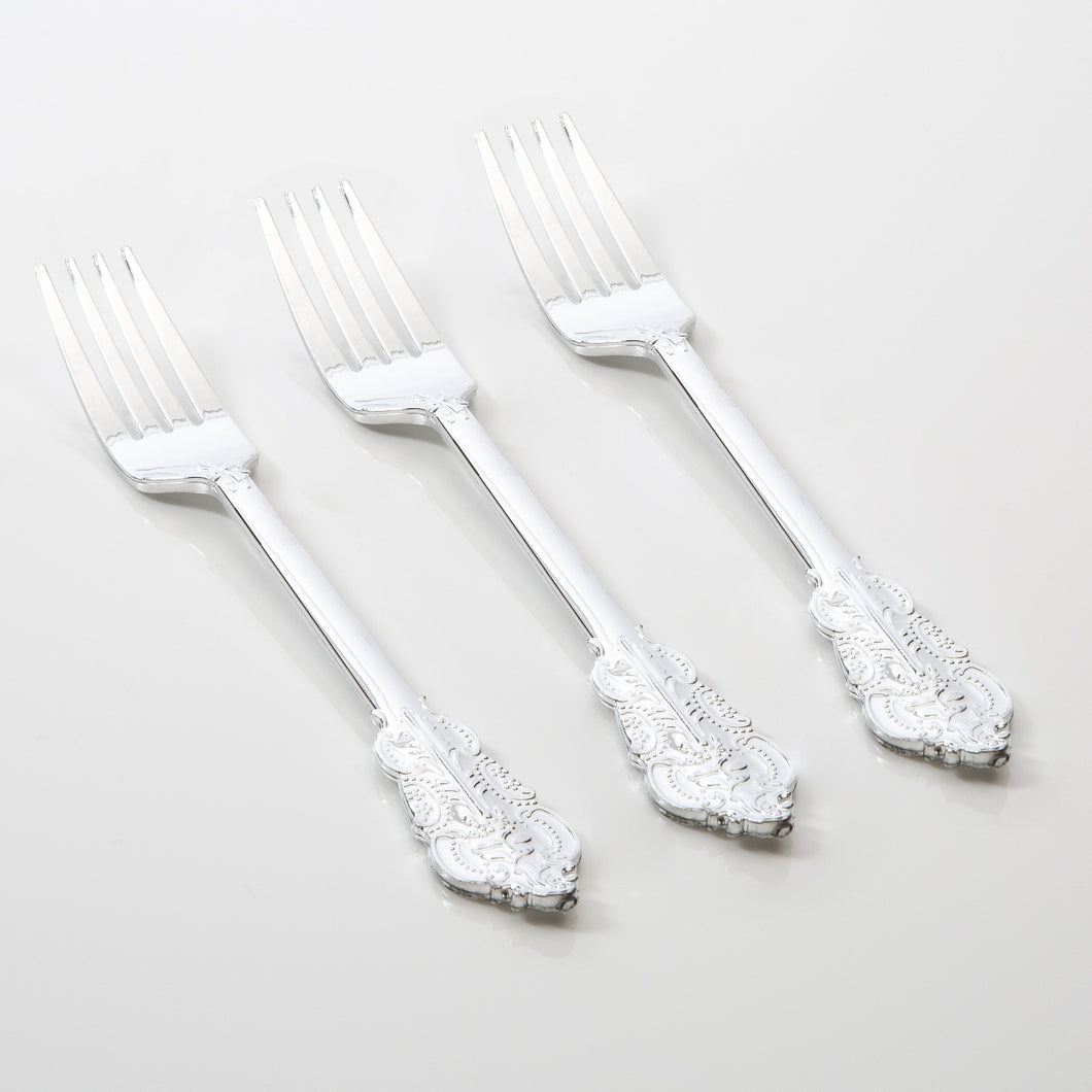 Venetian Design Silver Plastic Forks | 20 Forks - Luxe Party NYC
