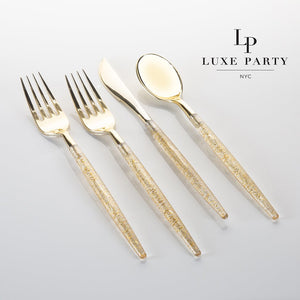 Gold Glitter Plastic Cutlery Set | 32 Pieces - Luxe Party NYC