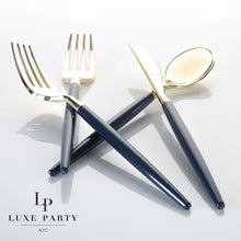 Load image into Gallery viewer, Navy • Gold Plastic Cutlery Set | 32 Pieces - Luxe Party NYC