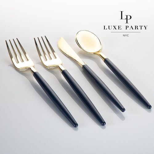 Navy • Gold Plastic Cutlery Set | 32 Pieces - Luxe Party NYC