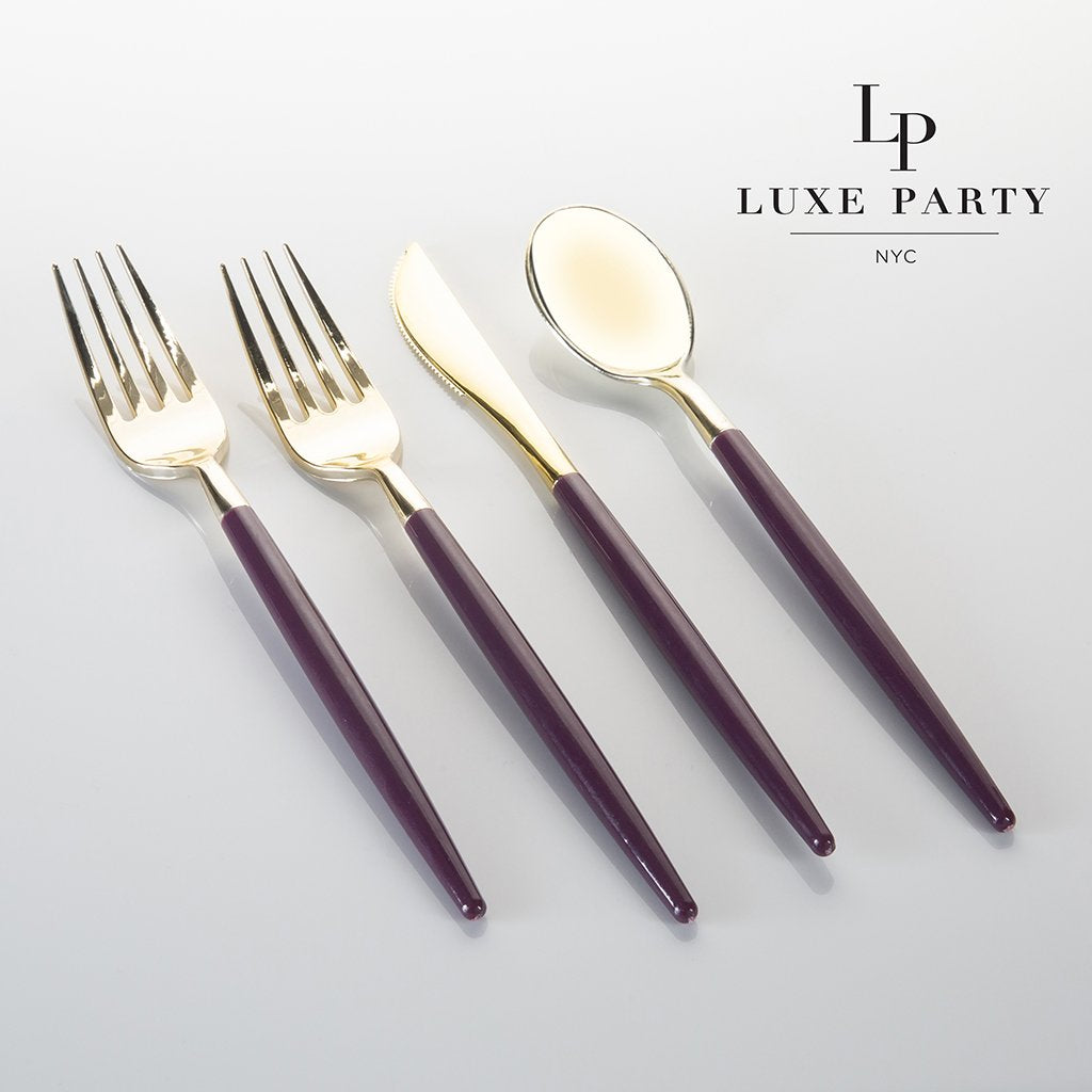 Purple • Gold Plastic Cutlery Set | 32 Pieces - Luxe Party NYC